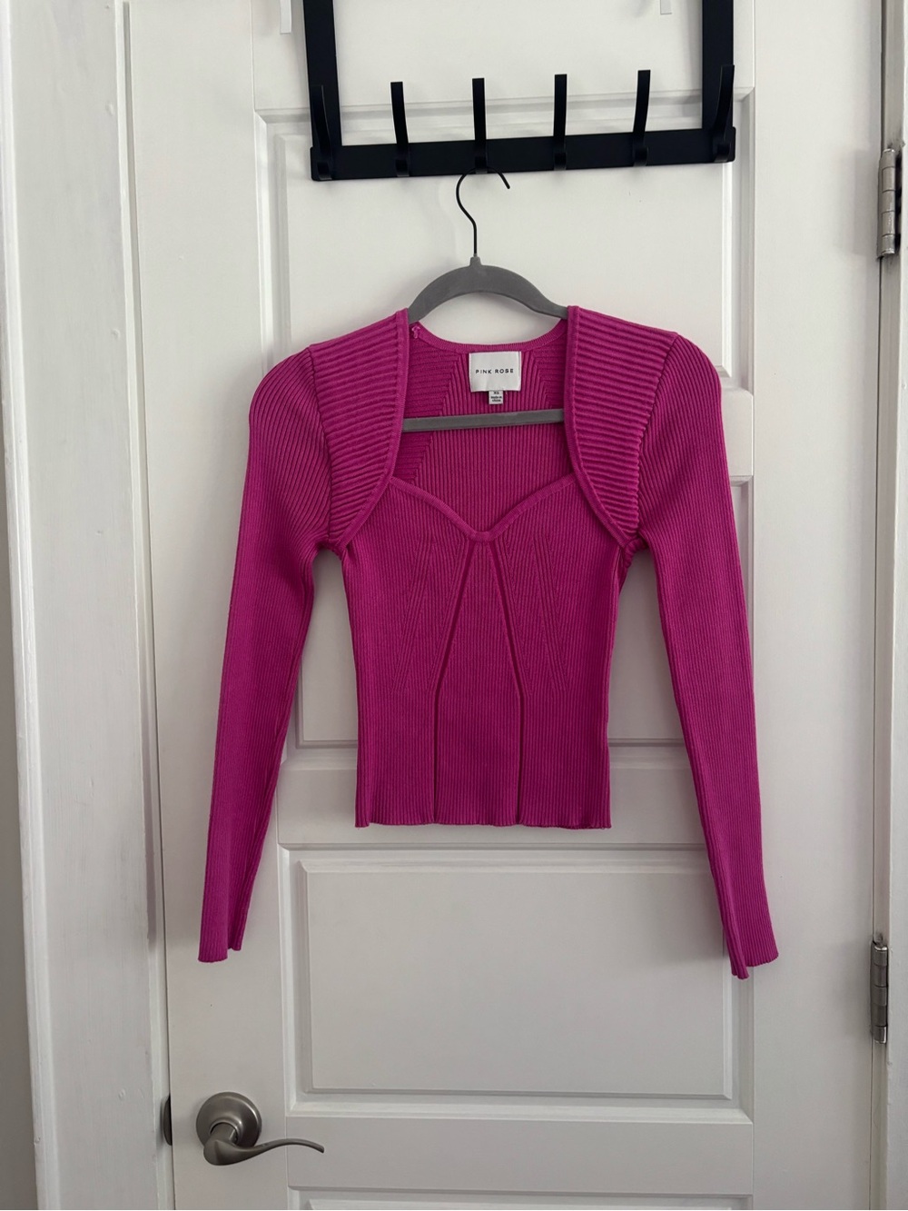 Pink Rose Ribbed V-Neck Sweater in Fuchsia Pink